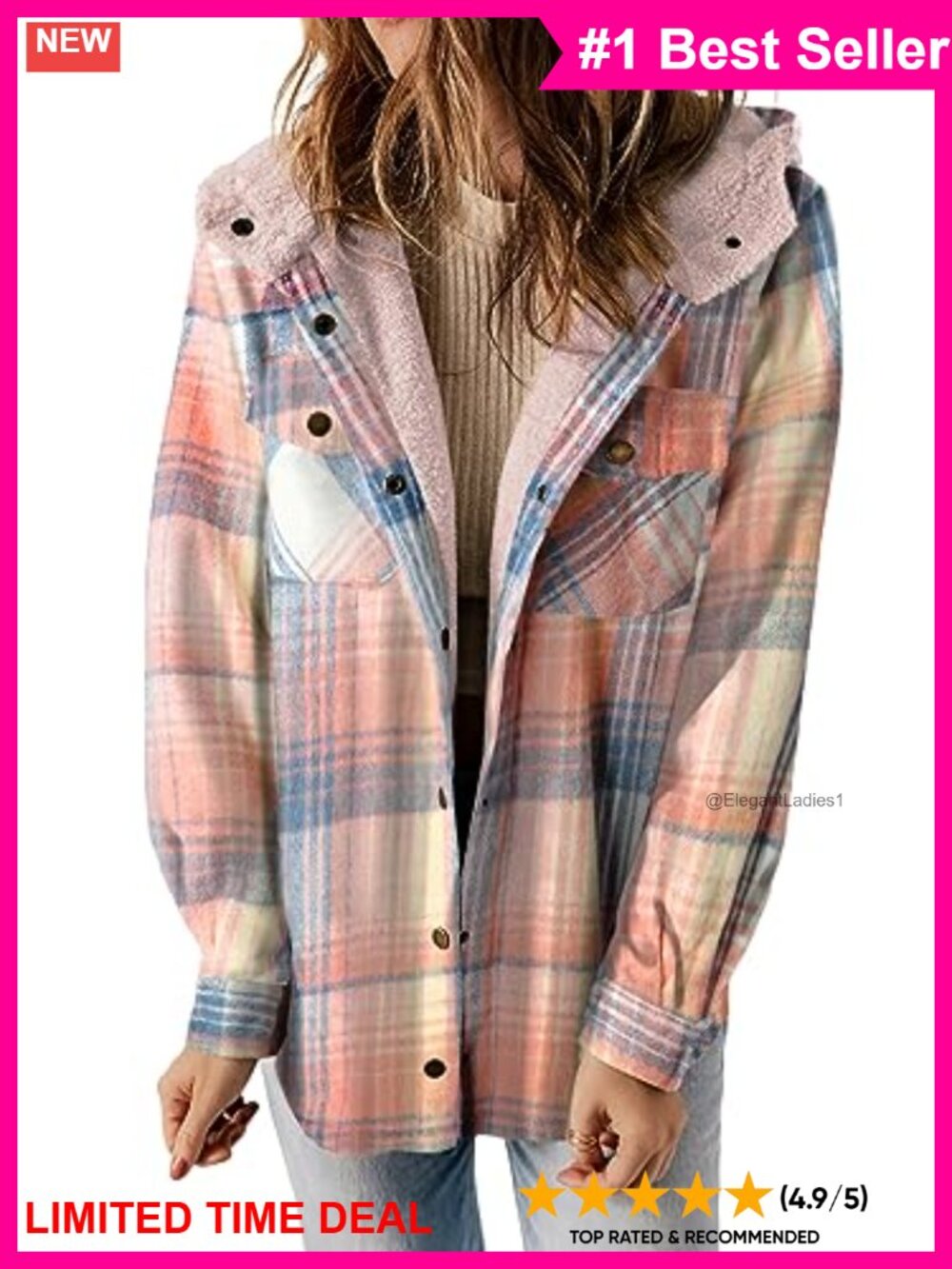 Plaid Fleece Lined Hooded Shacket Button Front Loose Fit Winter Coat